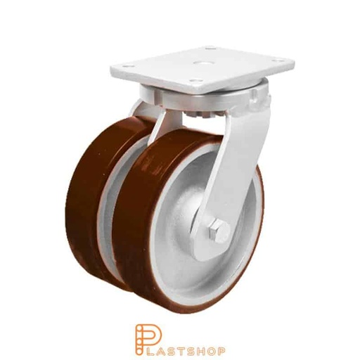 [P2001769] Rueda doble de enlace sin freno, placa, diámetro de la rueda 150 mm, altura de construcción 212 mm, buje de fundición con pista suave en PUR de color rojo. 1350 kg de carga, doble cojinete de bolas