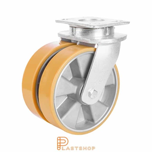 [P2001774] Dubbelt länkhjul utan broms, platta, hjuldiameter 200 mm, bygghöjd 250 mm, nav i aluminium med mjuk bana i PUR i orange färg. 1400 kg bärighet, dubbla kullager