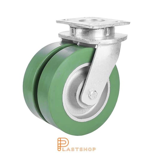 [P2001778] Dubbelt länkhjul utan broms, platta, hjuldiameter 200 mm, bygghöjd 250 mm, nav i gjutjärn med mjuk bana i ElastoPUR i grön färg. 1400 kg bärighet, dubbla kullager