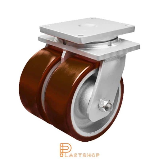 [P2001874] Kaksoislenkkihaka ilman jarrua, laippa, pyörän halkaisija 200 mm, korkeus 280 mm, navat valurautaisella pehmeällä uralla PUR:sta punaisessa värissä. 3200 kg kantavuus, kaksoiskulalagerit