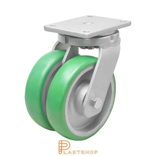 [P2001794] Dubbelt länkhjul utan broms, platta, hjuldiameter 250 mm, bygghöjd 314 mm, nav i gjutjärn med mjuk bana i ElastoPUR i grön färg. 1500 kg bärighet, dubbla kullager