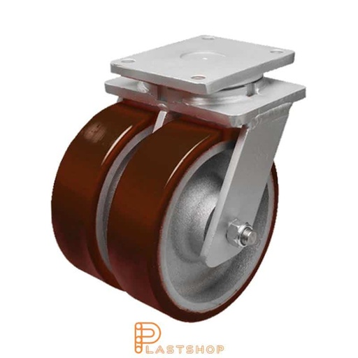 [P2001846] Dubbelt länkhjul utan broms, platta, hjuldiameter 250 mm, bygghöjd 314 mm, nav i gjutjärn med mjuk bana i PUR i röd färg. 3200 kg bärighet, dubbla kullager