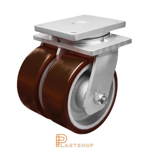 [P2001878] Double link wheel without brake, plate, wheel diameter 250 mm, building height 330 mm, hub in cast iron with soft track in PUR in röd. 3950 kg load capacity, double ball bearings