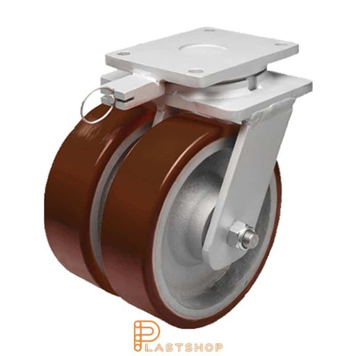 [P2001858] Double link wheel without brake, plate, wheel diameter 300 mm, building height 375 mm, hub in cast iron with soft track in PUR in röd. 3900 kg load capacity, double ball bearings