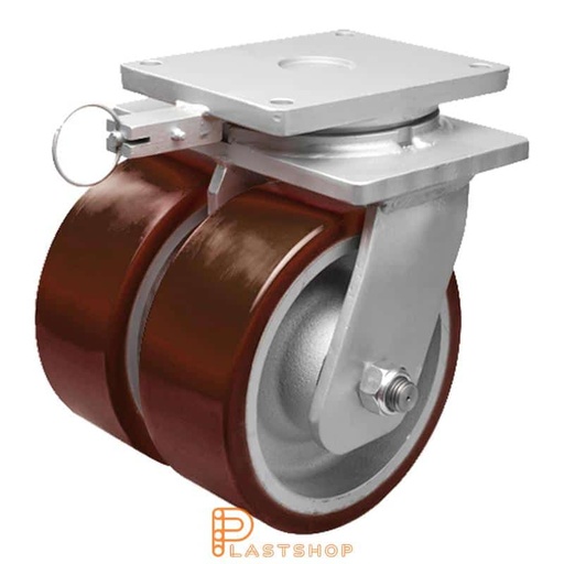 [P2001888] Double link wheel without brake, plate, wheel diameter 400 mm, building height 495 mm, hub in cast iron with soft track in PUR in röd. 6300 kg load capacity, double ball bearings