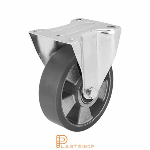 [P2000556] Electrically conductive fixed bracket, flat, wheel diameter 160 mm, construction height 195 mm, hub in aluminum with soft running surface in PUR in gray color. 350 kg load capacity, double ball bearings