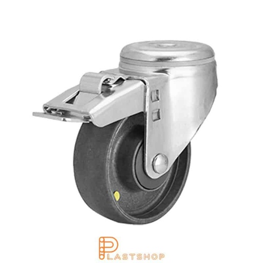 [P2000593] Elektriskt ledande länkhjul med broms, centrumhål, hjuldiameter 100 mm, bygghöjd 132 mm, hårt hjul i massiv PA6, 170 kg bärighet, kullager