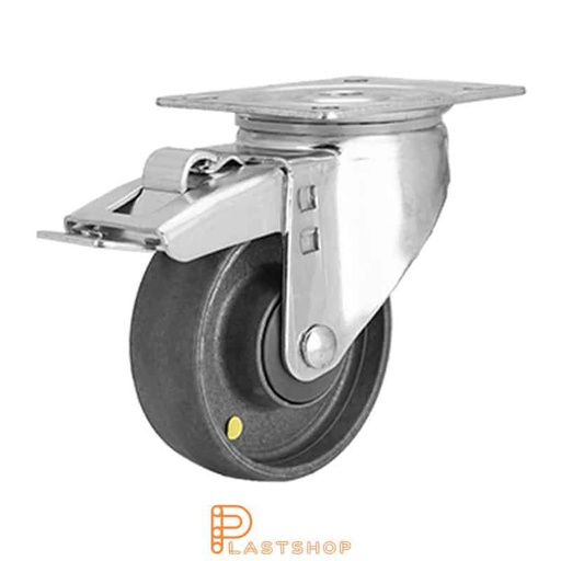 [P2000709] Elektrisk ledende länkehjul med bremse, platt, hjuldiameter 125 mm, byggehøyde 157 mm, hardt hjul i massiv PA6, 170 kg bærighet, kulelager