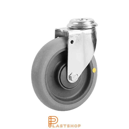 [P2000279] Elektrisk ledende länkehjul uten bremse, senterhull, hjuldiameter 125 mm, byggehøyde 150 mm, nav i PA6 med myk bane i TPE i grå farge. 70 kg bærighet, kulelager