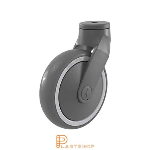 [P2001913] Elektrisk ledende länkehjul uten bremse, senterhull, hjuldiameter 125 mm, byggehøyde 160 mm, nav i PP med myk bane i TPE i grå farge. 100 kg bærighet, kulelager