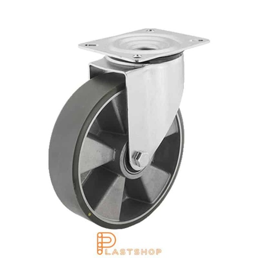 [P2000776] Elektriskt ledande länkhjul utan broms, platta, hjuldiameter 200 mm, bygghöjd 235 mm, nav i aluminium med mjuk bana i PUR i grå färg. 350 kg bärighet, dubbla kullager