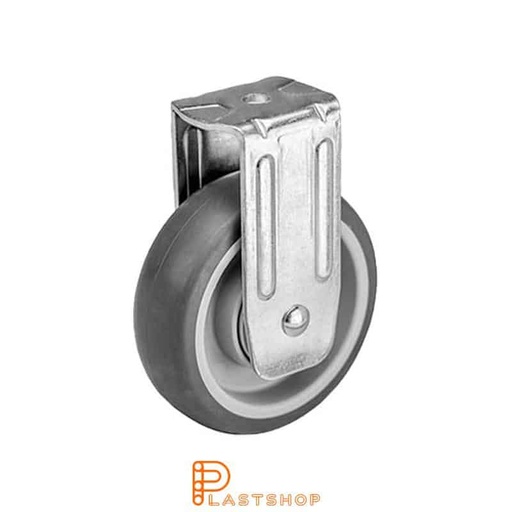 [P2000354] Fixed bracket, centre hole, wheel diameter 100 mm, construction height 128 mm, hub in PP with soft running surface in TPE in grå. 100 kg load capacity, ball bearing