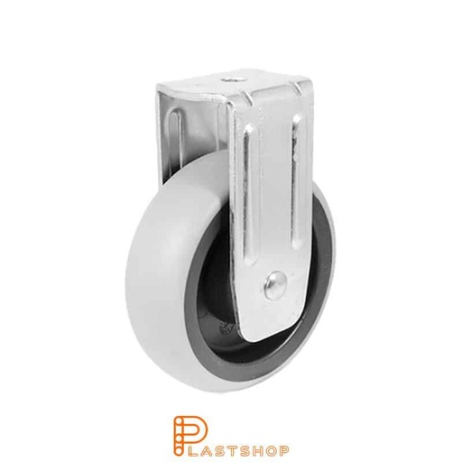 [P2000353] Fixed bracket, centre hole, wheel diameter 100 mm, construction height 128 mm, hub in PP with soft running surface in TPE in grå. 85 kg load capacity, plain bearing