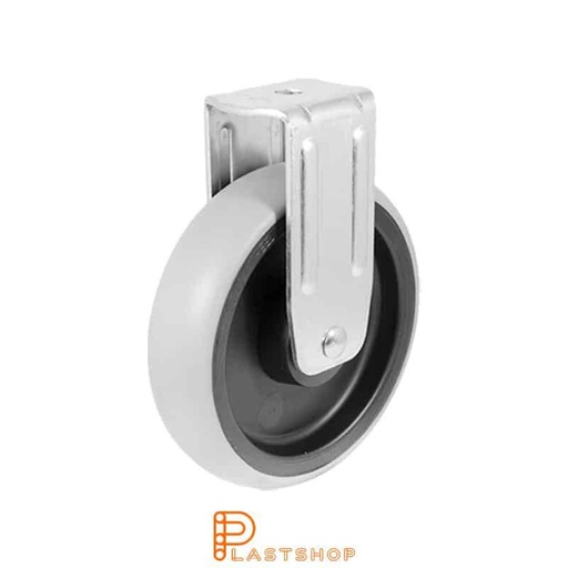 [P2000360] Fixed bracket, centre hole, wheel diameter 125 mm, construction height 150 mm, hub in PP with soft running surface in TPE in grey color. 85 kg load capacity, plain bearing