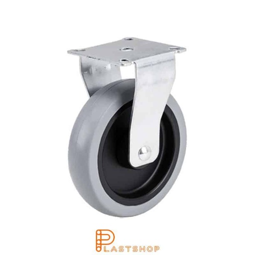 [P2000255] Fast bygel, platta, hjuldiameter 100 mm, bygghöjd 121 mm, nav i PP med mjuk bana i TPE i grå färg. 55 kg bärighet, glidlager