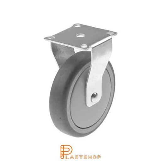 [P2000256] Fast bygel, platta, hjuldiameter 100 mm, bygghöjd 121 mm, nav i PP med mjuk bana i TPE i grå färg. 70 kg bärighet, kullager