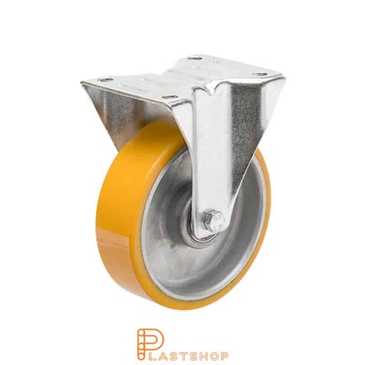 [P2001127] Fast bygel, plat, hjuldiameter 100 mm, byggehøyde 128 mm, nav i aluminium med myk bane i PUR i oransje farge. 150 kg bæreevne, doble kulelager