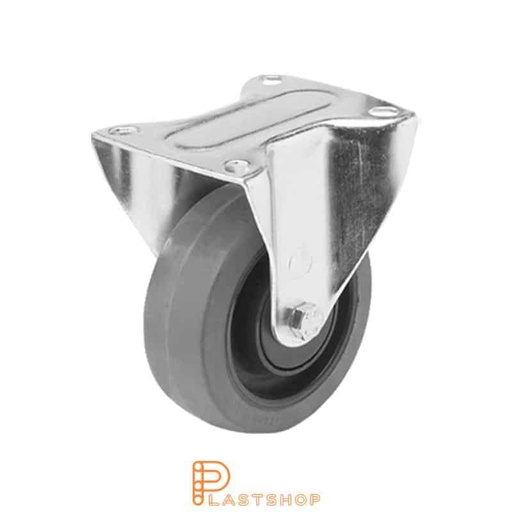 [P2000492] Fixed bracket, flat, wheel diameter 100 mm, construction height 128 mm, hub in PA6 with soft running surface in ElastoGum in grå. 160 kg load capacity, ball bearing