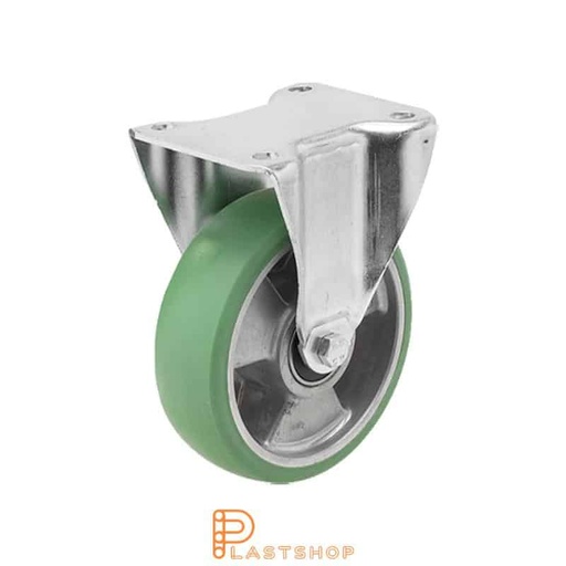 [P2000487] Fixed bracket, flat, wheel diameter 100 mm, construction height 130 mm, hub in aluminium with soft running surface in ElastoPUR in grön. 200 kg load capacity, double ball bearing