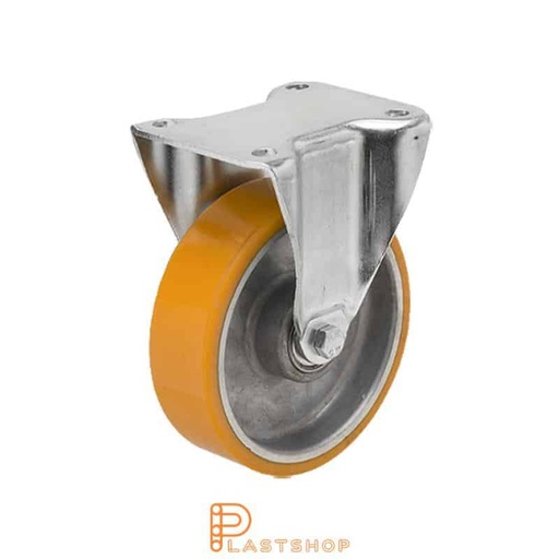 [P2000486] Fixed bracket, flat, wheel diameter 100 mm, construction height 130 mm, hub in aluminium with soft running surface in PUR in orange color. 200 kg load capacity, double ball bearing