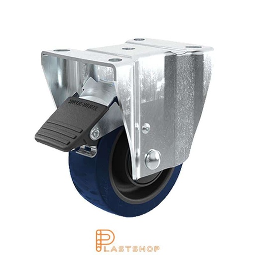 [P2000528] Fixed bracket, flat, wheel diameter 100 mm, construction height 132 mm, hub in PA6 with soft running surface in ElastoGum in blå. 225 kg load capacity, ball bearing