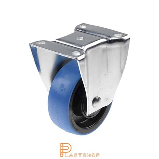 [P2000512] Fixed bracket, flat, wheel diameter 100 mm, construction height 132 mm, hub in PA6 with soft running surface in PUR in blue color. 225 kg load capacity, ball bearing