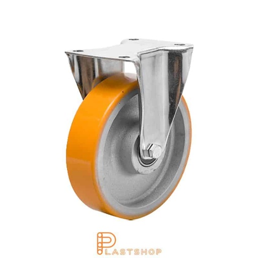 [P2001300] Fixed bracket, flat, wheel diameter 100 mm, construction height 140 mm, hub in cast iron with soft running surface in PUR in orange color. 300 kg load capacity, double ball bearing
