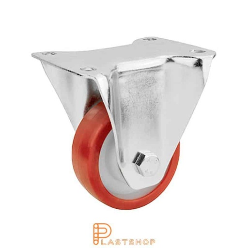 [P2001297] Fast bygel, plat, hjuldiameter 100 mm, byggehøyde 140 mm, nav i PA6 med myk bane i PUR i rød farge. 300 kg bæreevne, doble kulelager