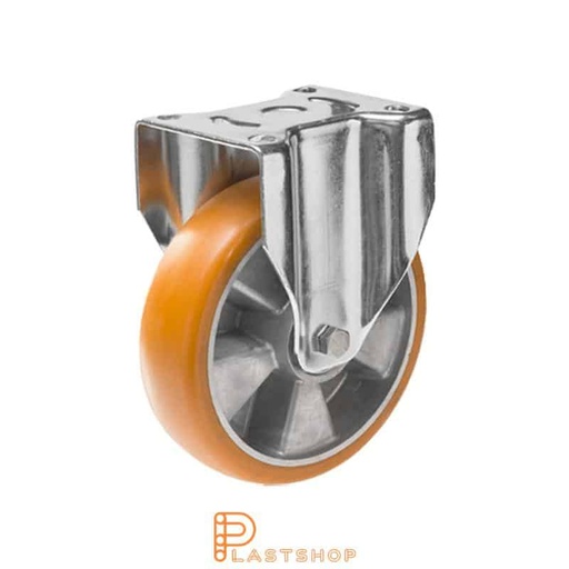 [P2001496] Fixed bracket, flat, wheel diameter 100 mm, construction height 142 mm, hub in aluminium with soft running surface in ElastoPUR in brown color. 400 kg load capacity, double ball bearing