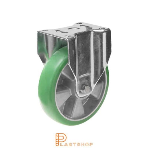 [P2001497] Fast bygel, plat, hjuldiameter 100 mm, byggehøyde 142 mm, nav i aluminium med myk bane i ElastoPUR i grønn farge. 350 kg bæreevne, doble kulelager