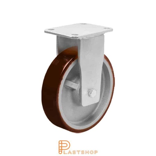 [P2001646] Fast bygel, plat, hjuldiameter 100 mm, byggehøyde 145 mm, nav i støpejern med myk bane i PUR i rød farge. 400 kg bæreevne, doble kulelager