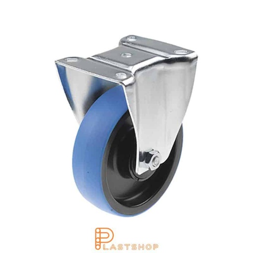 [P2000538] Fixed bracket, flat, wheel diameter 125 mm, construction height 157 mm, hub in PA6 with soft running surface in PUR in blue color. 160 kg load capacity, ball bearing