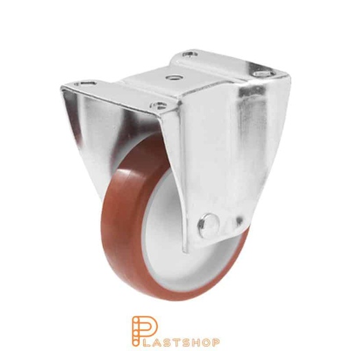[P2000537] Fixed bracket, flat, wheel diameter 125 mm, construction height 157 mm, hub in PA6 with soft running surface in PUR in red color. 200 kg load capacity, plain bearing