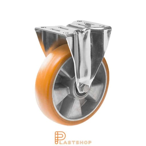 [P2001152] Fixed bracket, flat, wheel diameter 125 mm, construction height 163 mm, hub in aluminium with soft running surface in ElastoPUR in brown color. 300 kg load capacity, double ball bearing