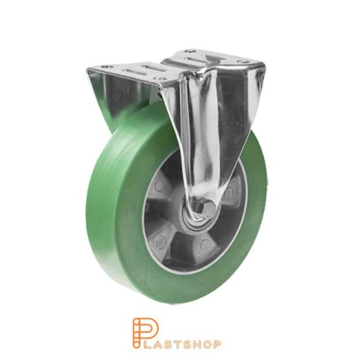 [P2001155] Fixed bracket, flat, wheel diameter 125 mm, construction height 163 mm, hub in aluminium with soft running surface in ElastoPUR in green color. 300 kg load capacity, double ball bearing
