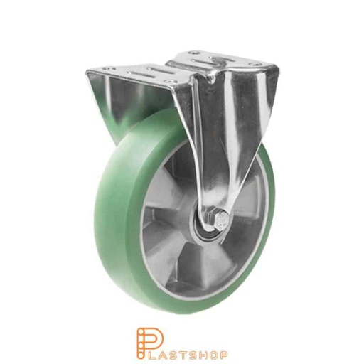 [P2001153] Fixed bracket, flat, wheel diameter 125 mm, construction height 163 mm, hub in aluminium with soft running surface in ElastoPUR in green color. 400 kg load capacity, double ball bearing