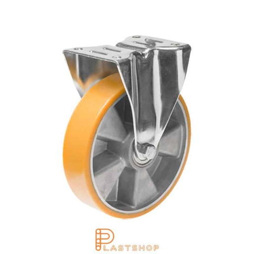 [P2001150] Fixed bracket, flat, wheel diameter 125 mm, construction height 163 mm, hub in aluminium with soft running surface in PUR in orange color. 300 kg load capacity, double ball bearing