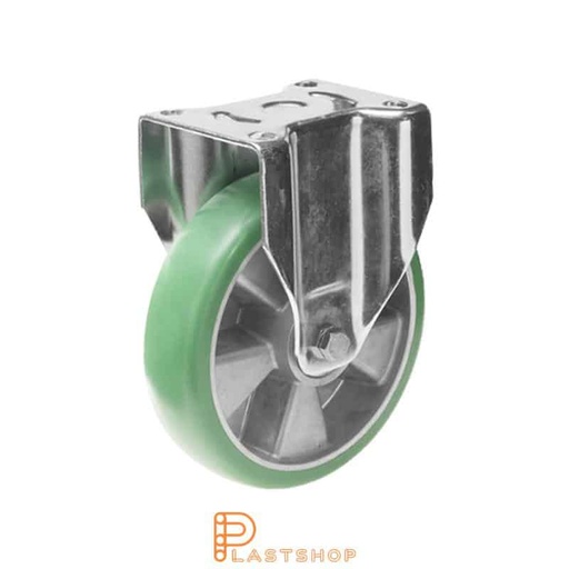 [P2001505] Fixed bracket, flat, wheel diameter 125 mm, construction height 164 mm, hub in aluminium with soft running surface in ElastoPUR in green color. 400 kg load capacity, double ball bearing