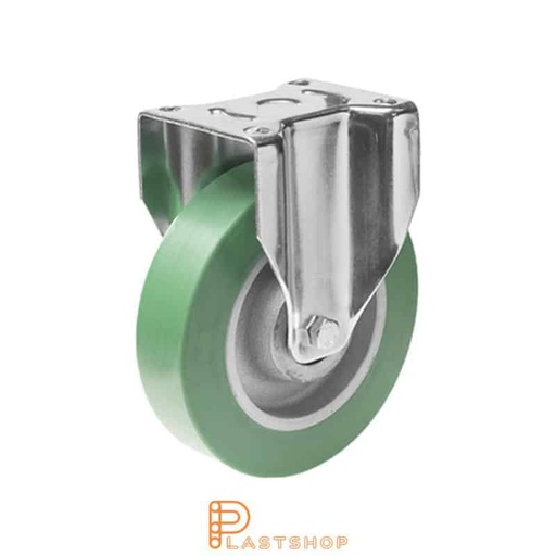 [P2001506] Fixed bracket, flat, wheel diameter 125 mm, construction height 164 mm, hub in cast iron with soft running surface in ElastoPUR in green color. 350 kg load capacity, double ball bearing