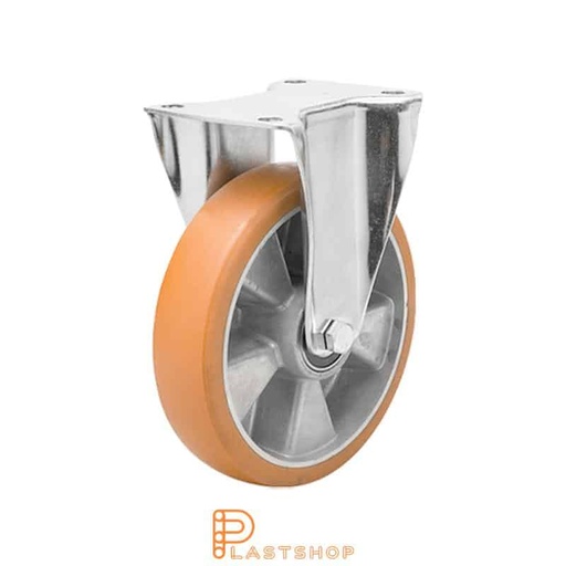 [P2001307] Fast bygel, plat, hjuldiameter 125 mm, byggehøyde 165,5 mm, nav i aluminium med myk bane i ElastoPUR i brun farge. 400 kg bæreevne, doble kulelager