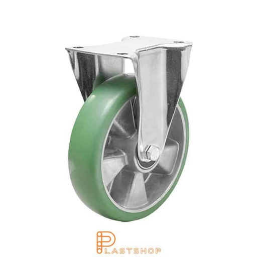 [P2001310] Fast bygel, platta, hjuldiameter 125 mm, bygghöjd 165,5 mm, nav i aluminium med mjuk bana i ElastoPUR i grön färg. 400 kg bärighet, dubbla kullager