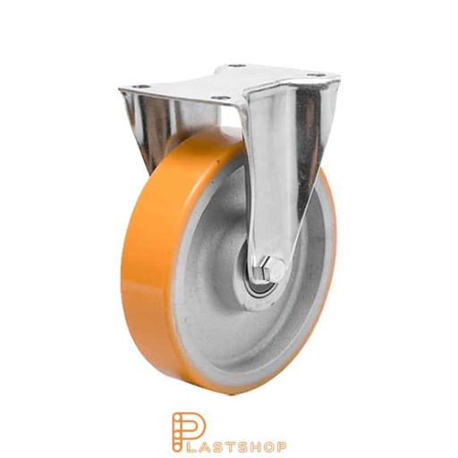 [P2001308] Fast bygel, plat, hjuldiameter 125 mm, byggehøyde 165,5 mm, nav i støpejern med myk bane i PUR i oransje farge. 400 kg bæreevne, doble kulelager