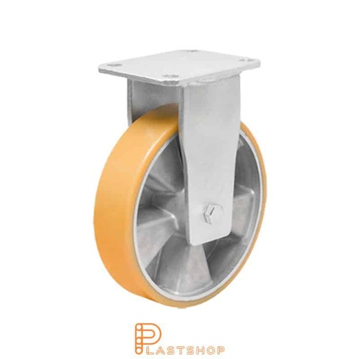 [P2001653] Fast bygel, platta, hjuldiameter 125 mm, bygghöjd 170 mm, nav i aluminium med mjuk bana i PUR i orange färg. 450 kg bärighet, dubbla kullager