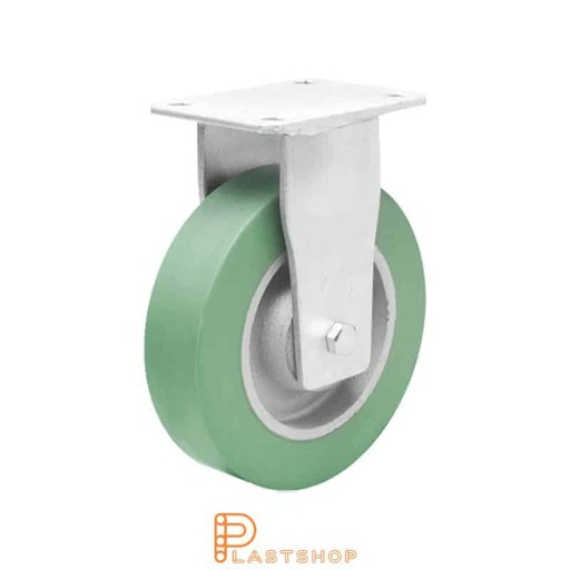 [P2001655] Fast bygel, platta, hjuldiameter 125 mm, bygghöjd 170 mm, nav i gjutjärn med mjuk bana i ElastoPUR i grön färg. 350 kg bärighet, dubbla kullager