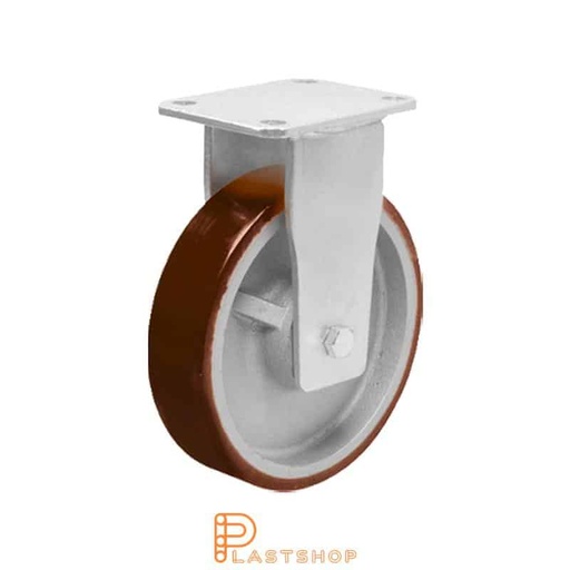 [P2001654] Fast bygel, platta, hjuldiameter 125 mm, bygghöjd 170 mm, nav i gjutjärn med mjuk bana i PUR i röd färg. 550 kg bärighet, dubbla kullager