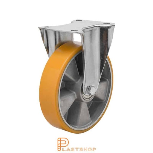[P2001315] Fast bygel, plat, hjuldiameter 150 mm, byggehøyde 191 mm, nav i aluminium med myk bane i PUR i oransje farge. 400 kg bæreevne, doble kulelager