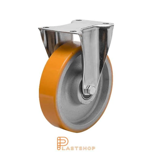 [P2001316] Fast bygel, platta, hjuldiameter 150 mm, bygghöjd 191 mm, nav i gjutjärn med mjuk bana i PUR i orange färg. 400 kg bärighet, dubbla kullager