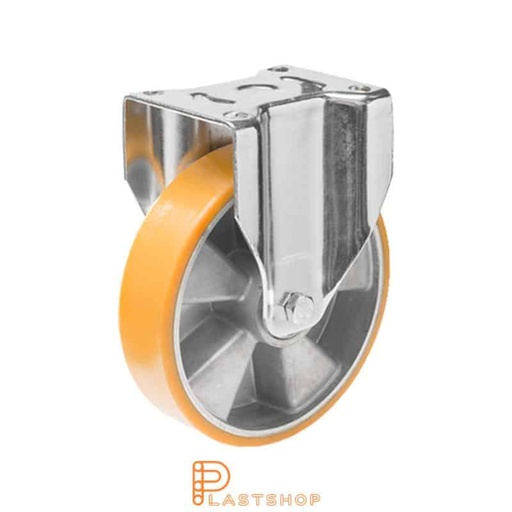 [P2001510] Fast bygel, plat, hjuldiameter 150 mm, byggehøyde 194 mm, nav i aluminium med myk bane i PUR i oransje farge. 550 kg bæreevne, doble kulelager