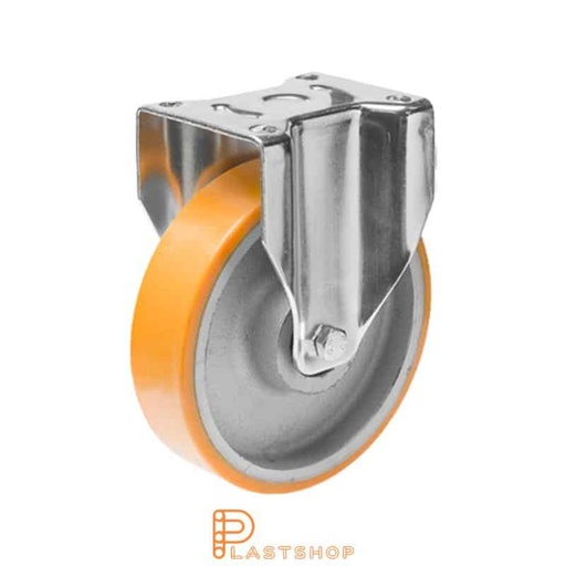 [P2001511] Fast bygel, plat, hjuldiameter 150 mm, byggehøyde 194 mm, nav i støpejern med myk bane i PUR i oransje farge. 700 kg bæreevne, doble kulelager