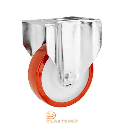 [P2001509] Fast bygel, platta, hjuldiameter 150 mm, bygghöjd 194 mm, nav i PA6 med mjuk bana i PUR i röd färg. 600 kg bärighet, dubbla kullager